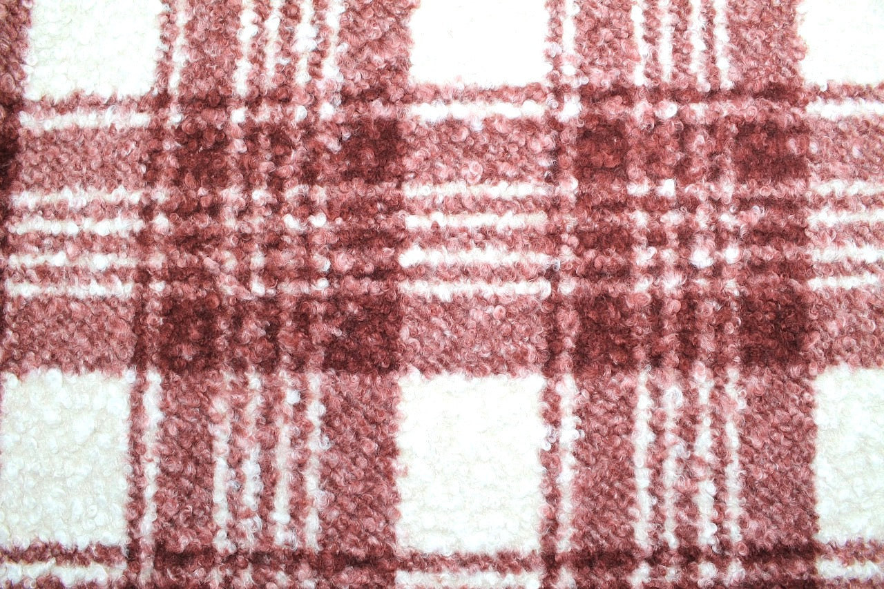 Tissu Bouclette Lainage Carreaux Bordeaux/Blanc cassé