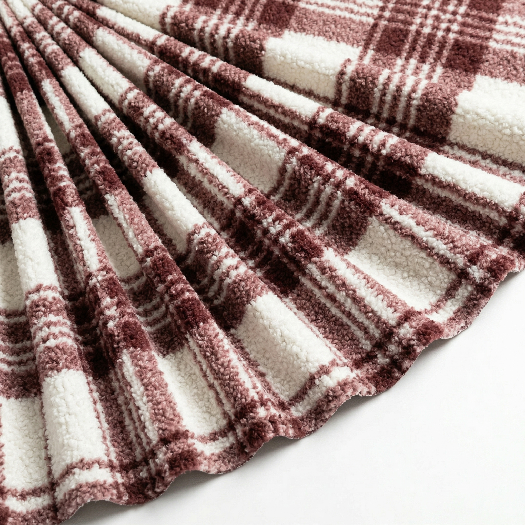 Tissu Bouclette Lainage Carreaux Bordeaux/Blanc cassé