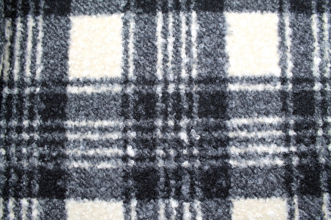 Tissu Bouclette Lainage Unie Carreaux Noir/Blanc cassé