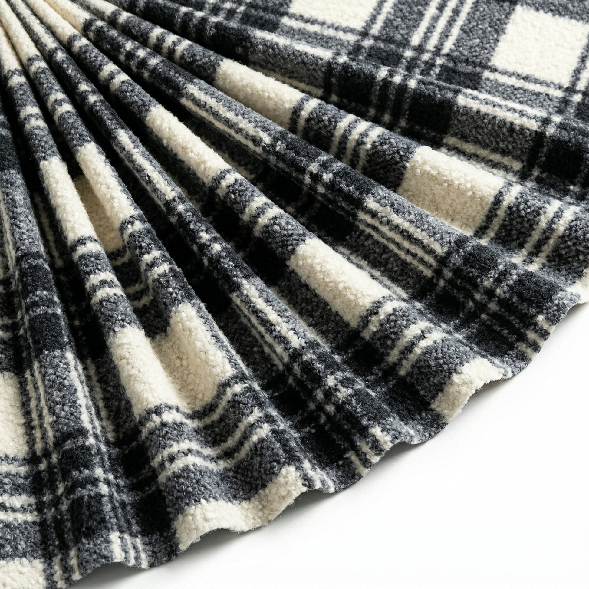 Tissu Bouclette Lainage Unie Carreaux Noir/Blanc cassé
