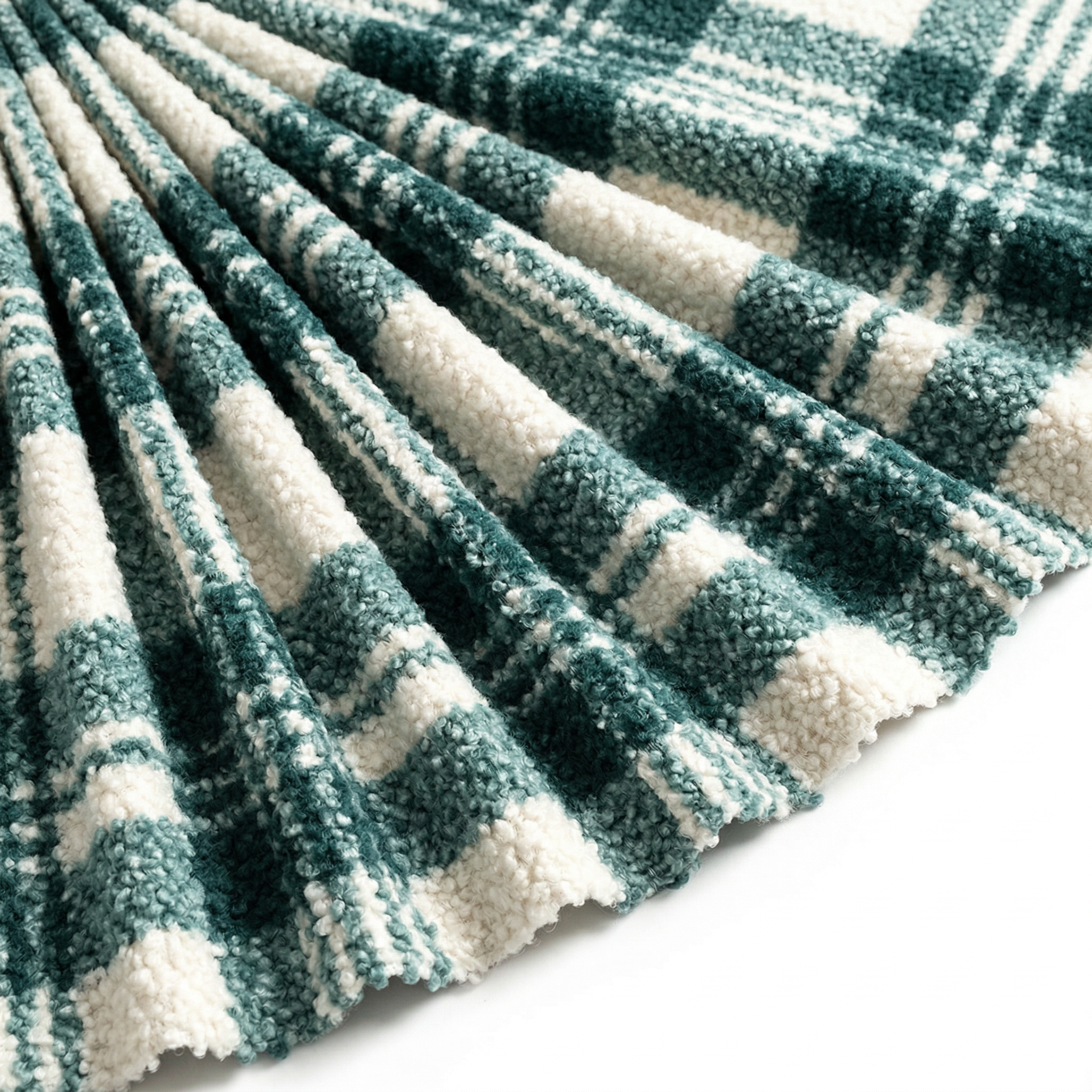 Tissu Bouclette Lainage Unie Carreaux Vert/Blanc cassé