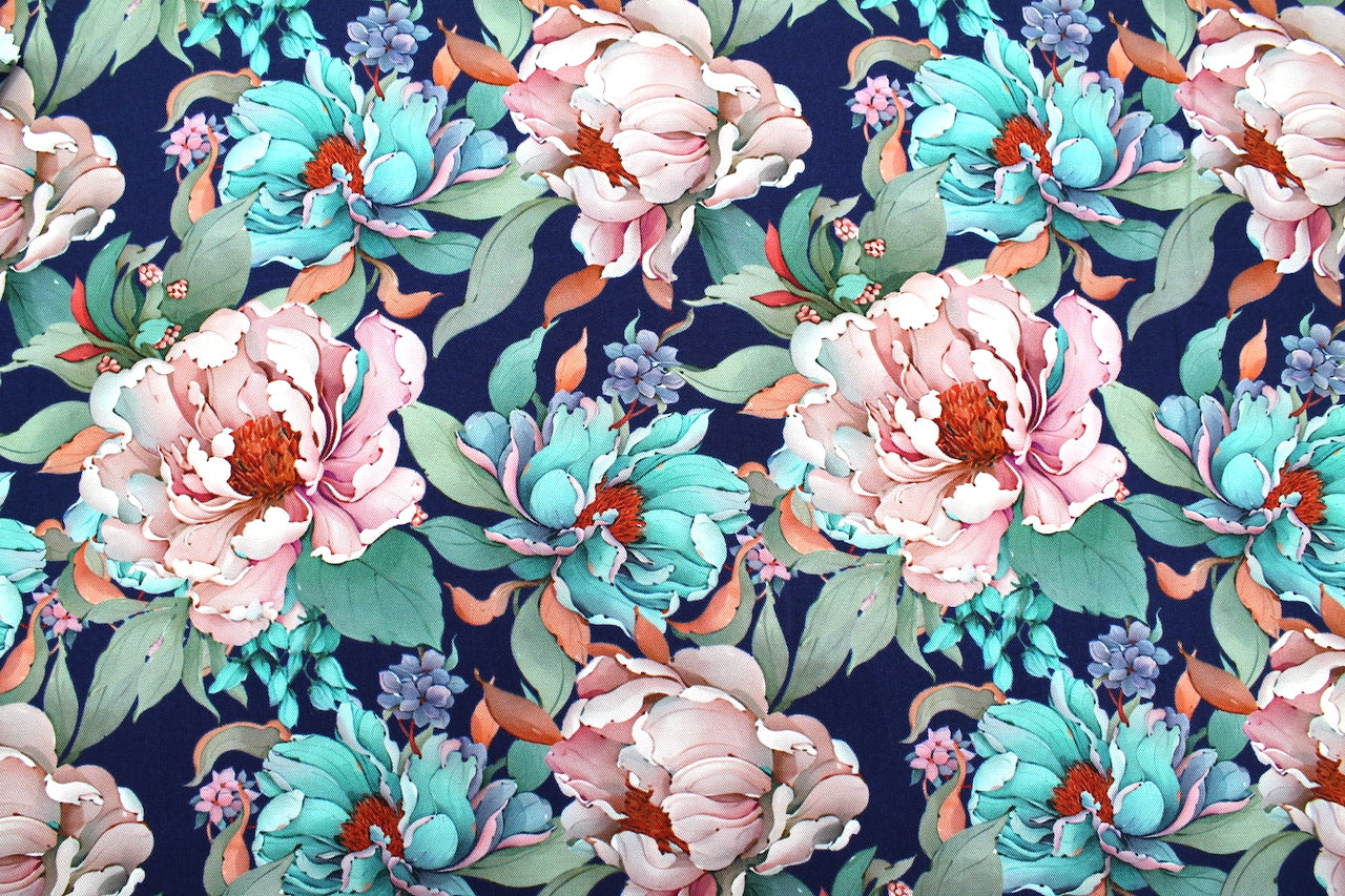 Tissu Gabardine de Viscose Imprimé Fleur April Marine