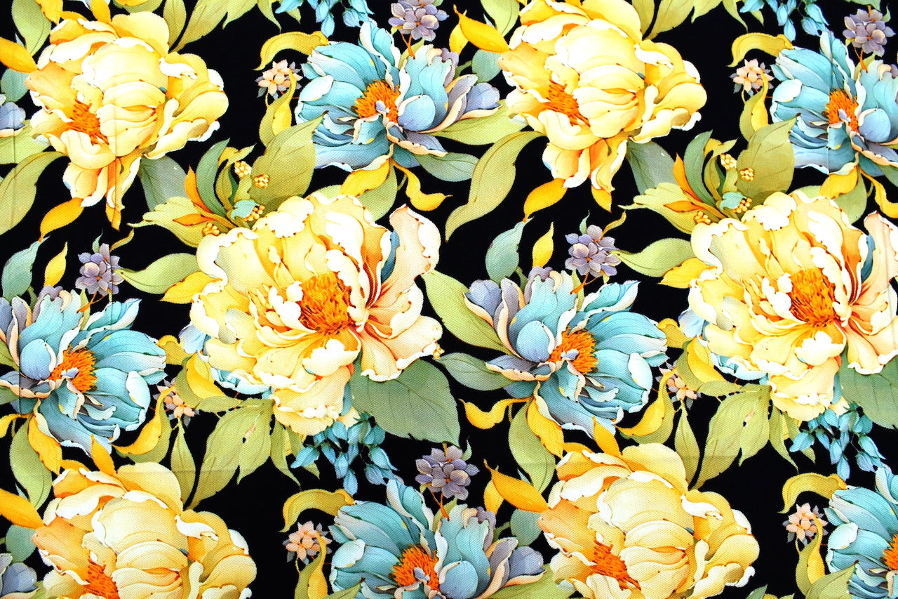 Tissu Gabardine de Viscose Imprimé Fleur April Noir