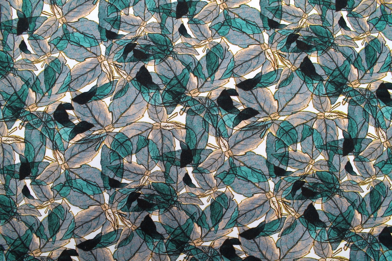 Tissu Gabardine de Viscose Imprimé Fleur Automne Bleu Vert