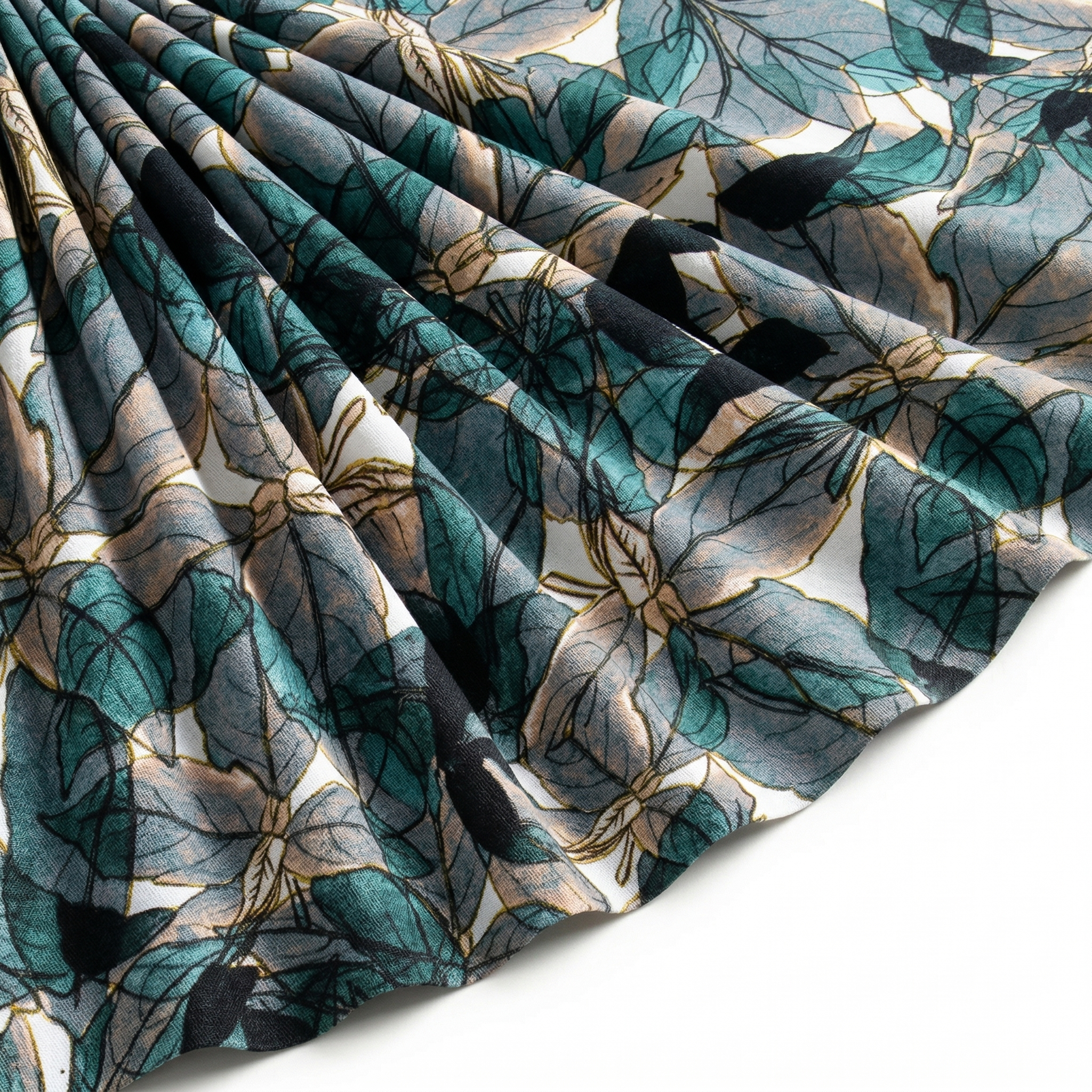 Tissu Gabardine de Viscose Imprimé Fleur Automne Bleu Vert