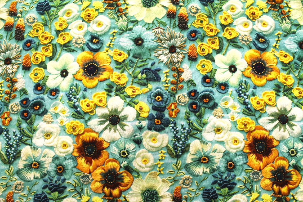 Tissu Gabardine de Viscose Imprimé Fleur Chic Turquoise