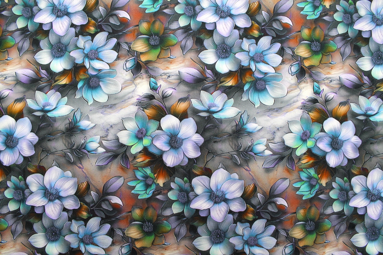 Tissu Gabardine de Viscose Imprimé Fleur Fantaisie Bleu