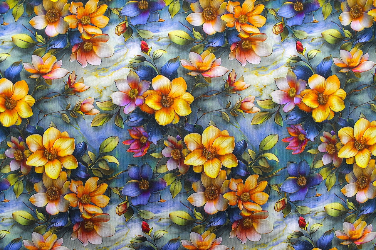 Tissu Gabardine de Viscose Imprimé Fleur Fantaisie Jaune