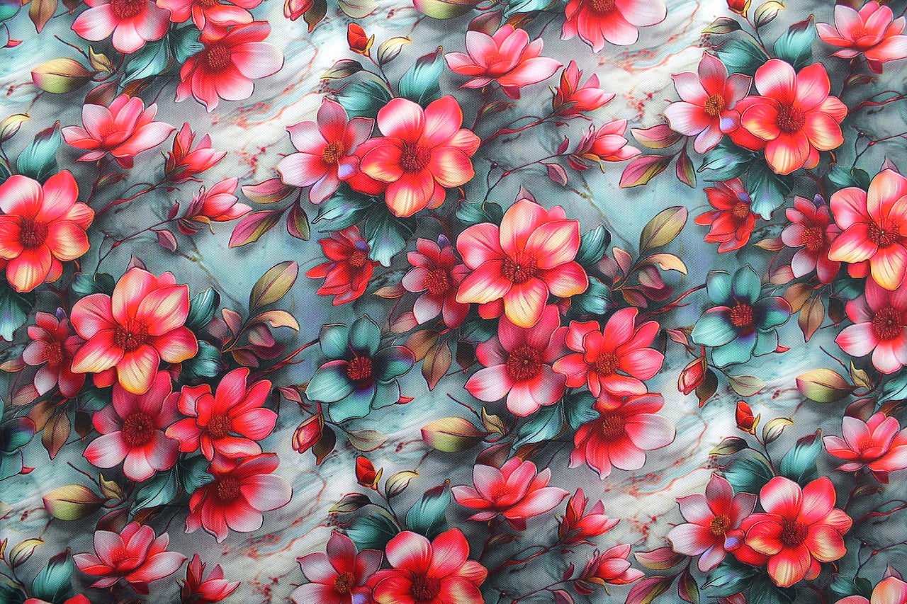 Tissu Gabardine de Viscose Imprimé Fleur Fantaisie Rouge