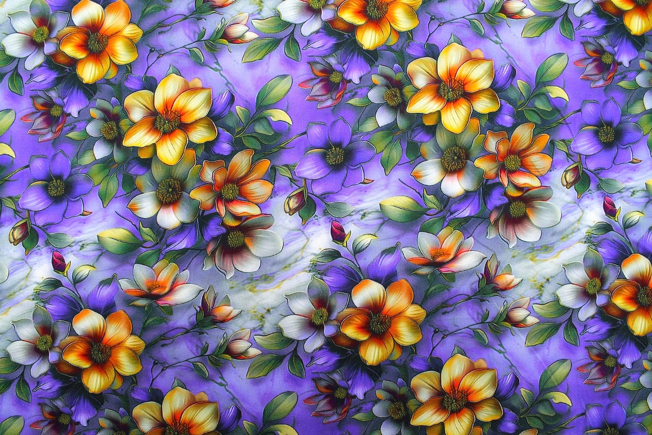 Tissu Gabardine de Viscose Imprimé Fleur Fantaisie Violet