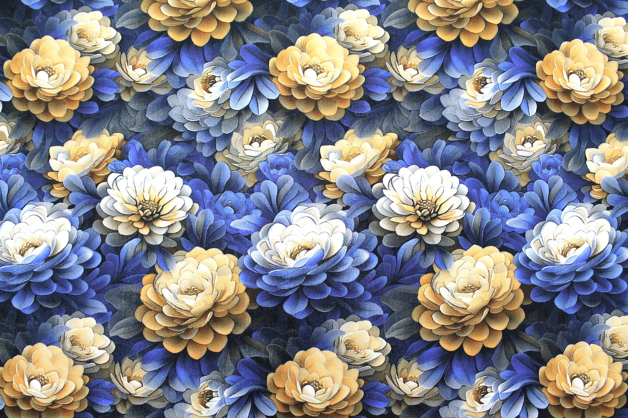 Tissu Gabardine de Viscose Imprimé Fleur Rosa Marine