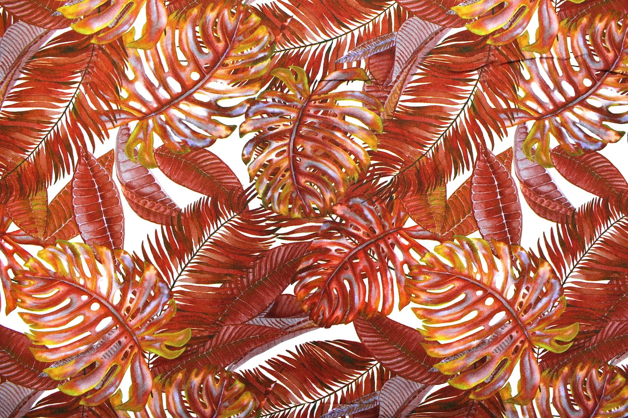 Tissu Gabardine de Viscose Imprimé Fond Blanc Palm Choco