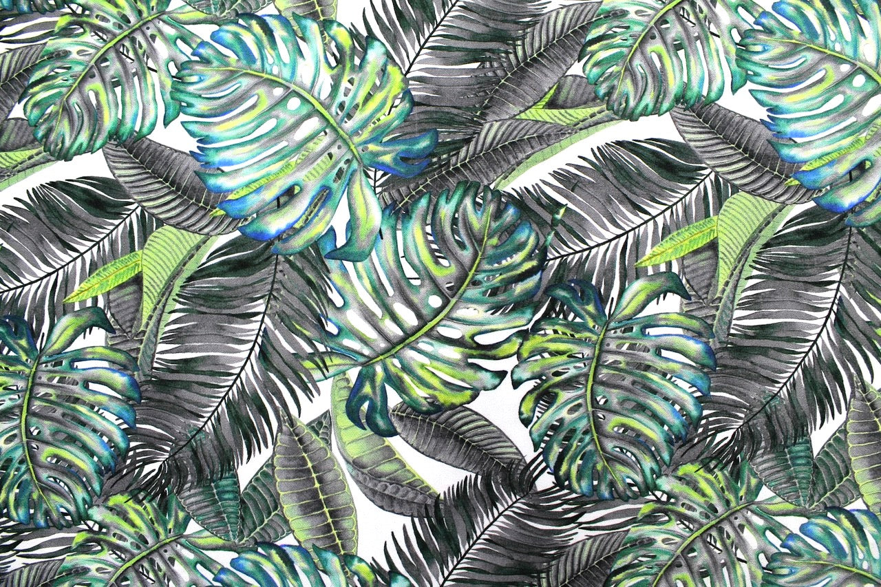 Tissu Gabardine de Viscose Imprimé Fond Blanc Palm Gris