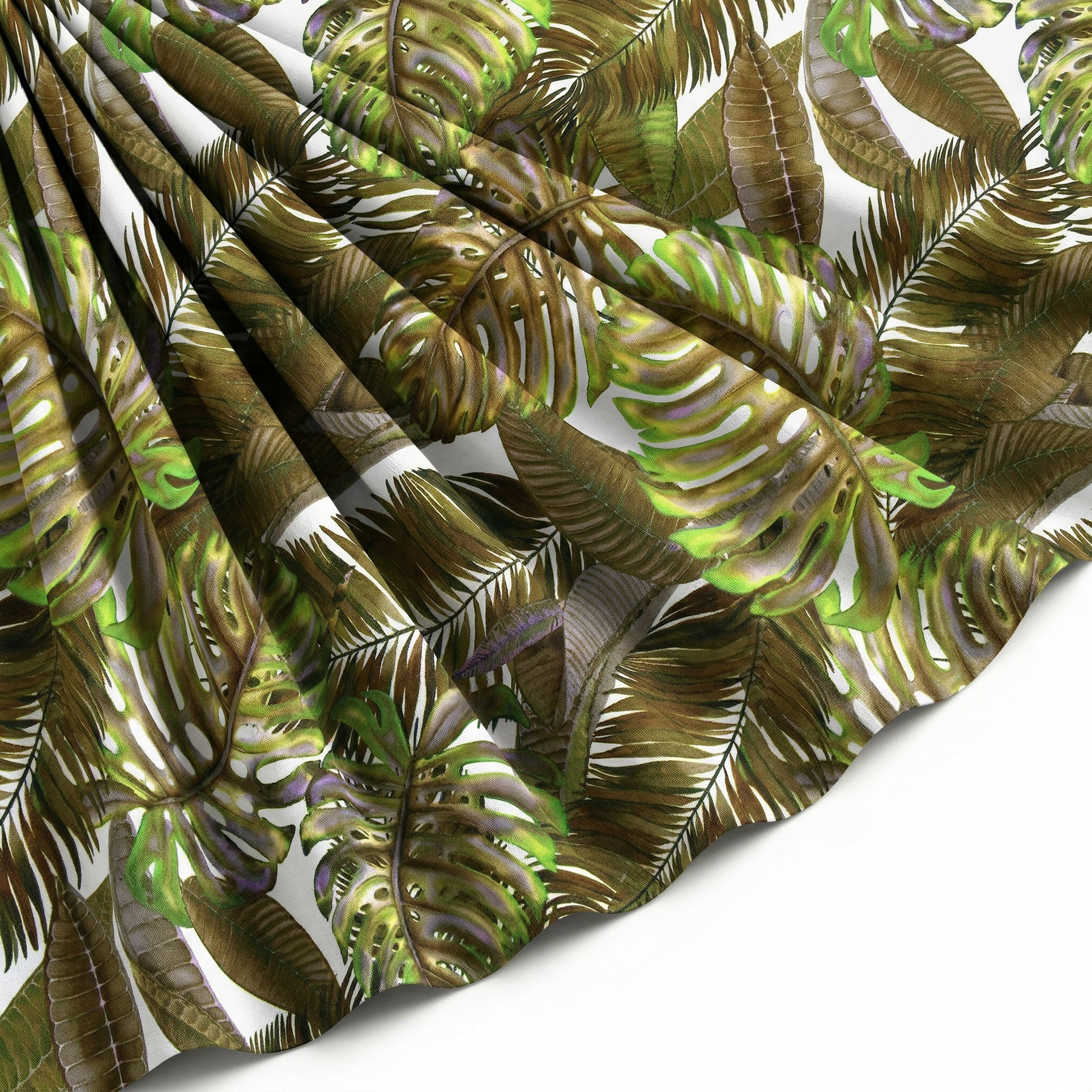 Tissu Gabardine de Viscose Imprimé Fond Blanc Palm Kaki