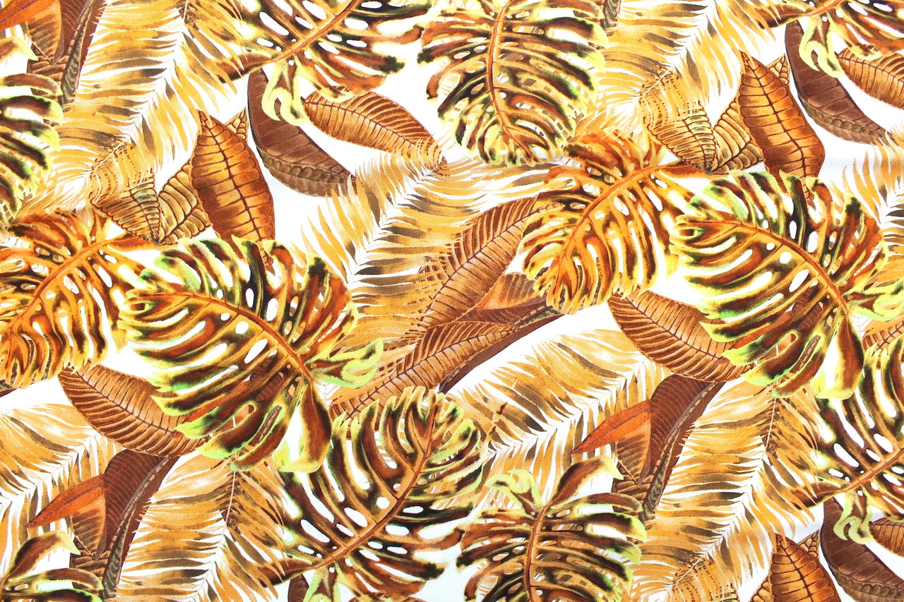 Tissu Gabardine de Viscose Imprimé Fond Blanc Palm Rouille
