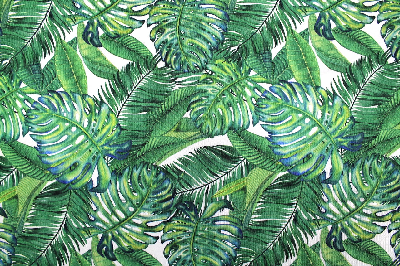 Tissu Gabardine de Viscose Imprimé Fond Blanc Palm Vert
