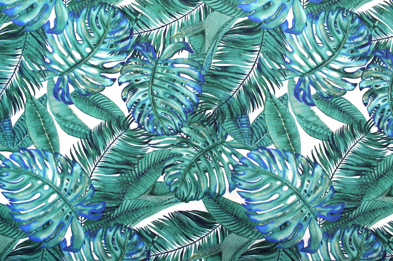 Tissu Gabardine de Viscose Imprimé Fond Blanc Palm Bleu Vert