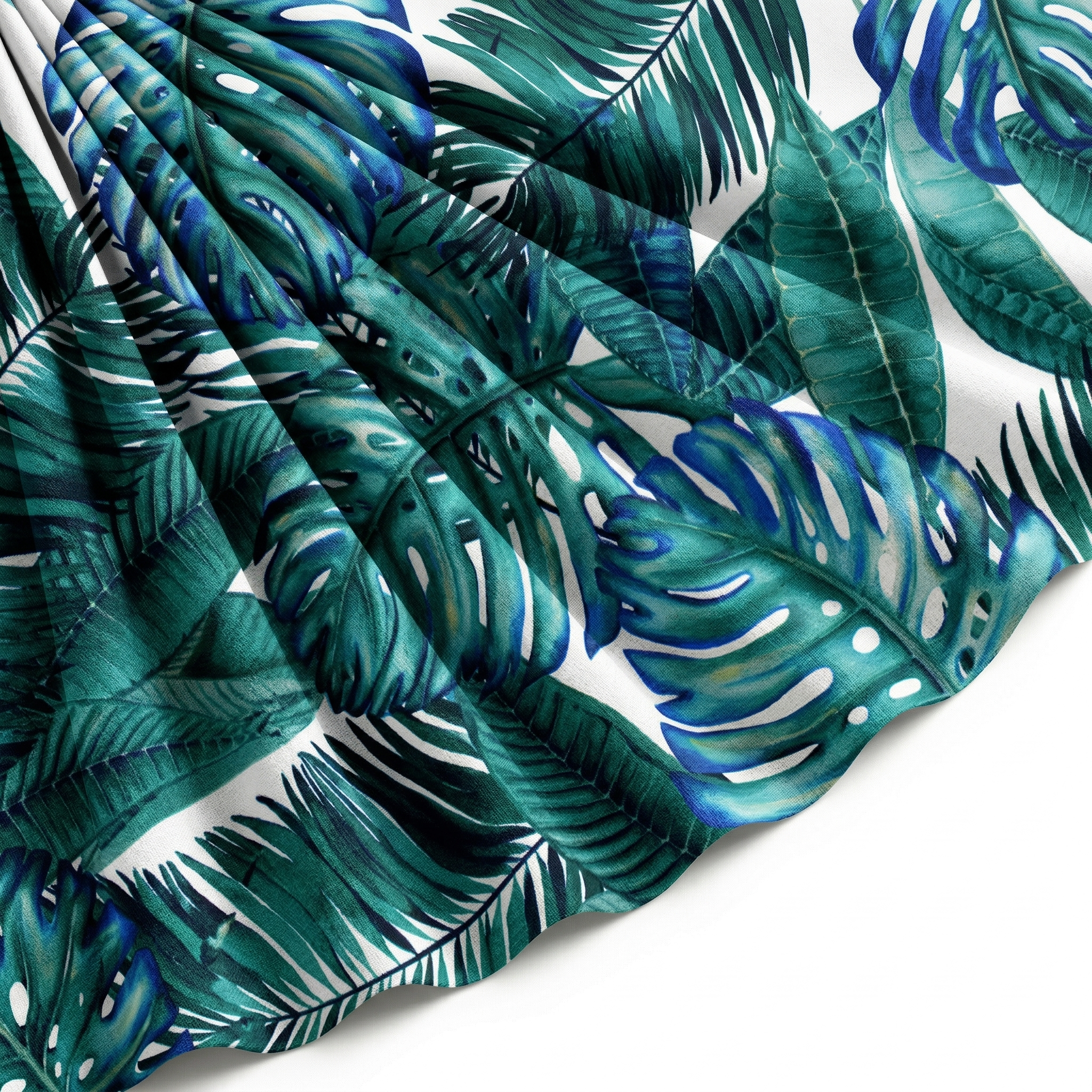 Tissu Gabardine de Viscose Imprimé Fond Blanc Palm Bleu Vert