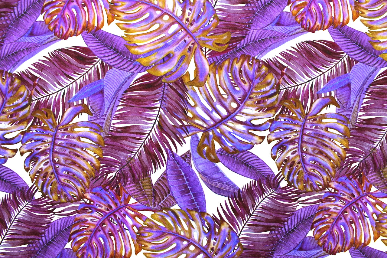 Tissu Gabardine de Viscose Imprimé Fond Blanc Palm Violet