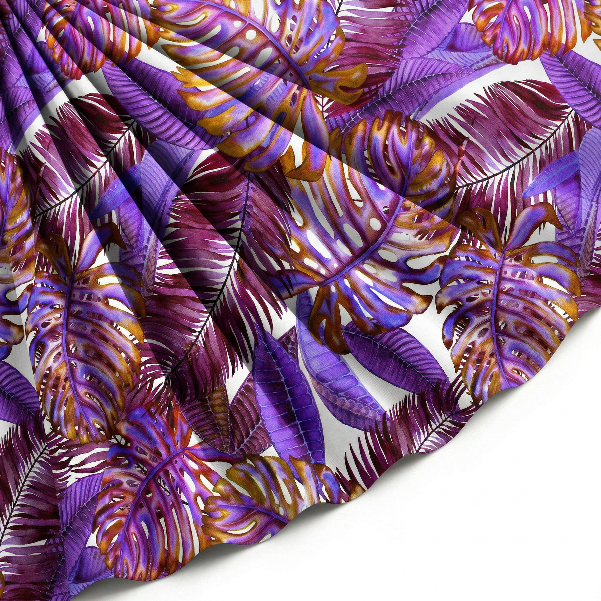 Tissu Gabardine de Viscose Imprimé Fond Blanc Palm Violet