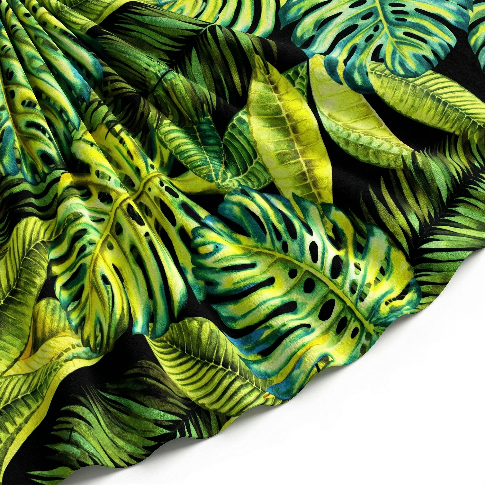 Tissu Gabardine de Viscose Imprimé Fond Noir Palm Anis
