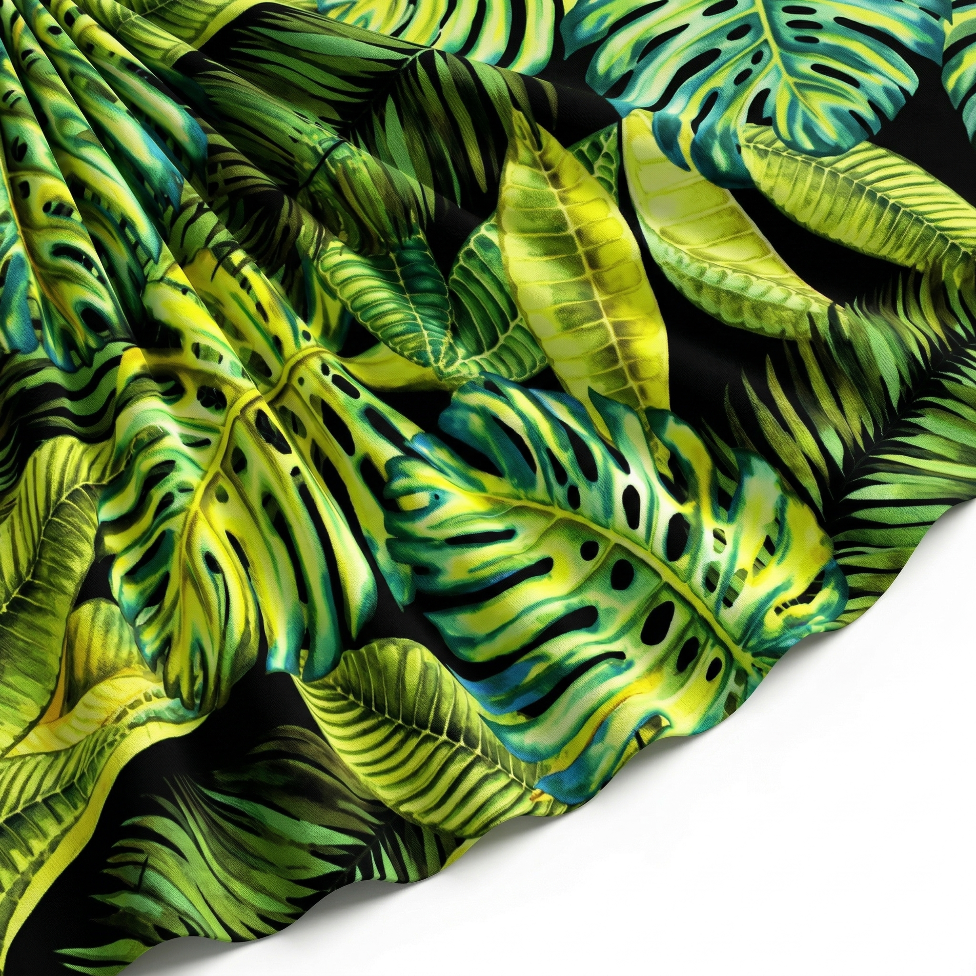 Tissu Gabardine de Viscose Imprimé Fond Noir Palm Anis
