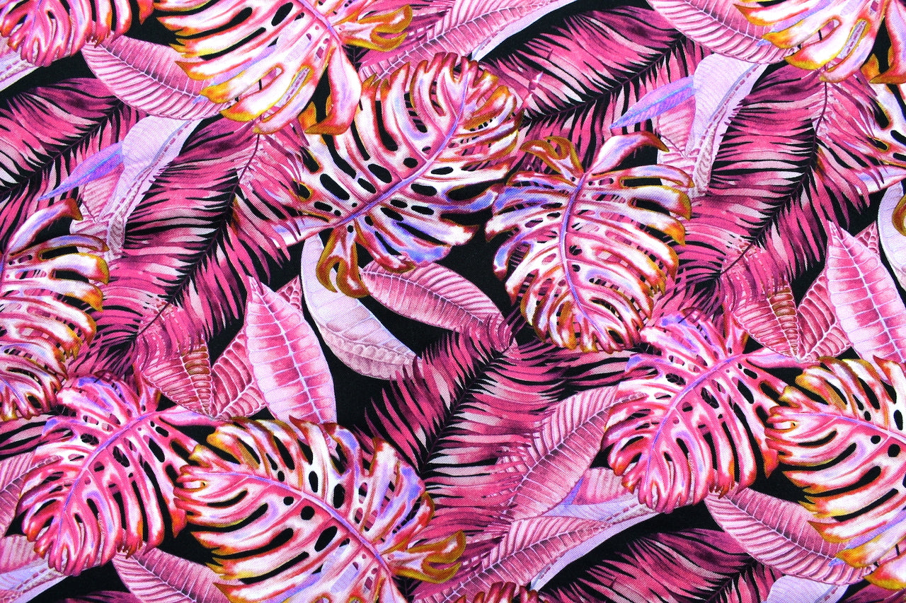 Tissu Gabardine de Viscose Imprimé Fond Noir Palm Fuchsia