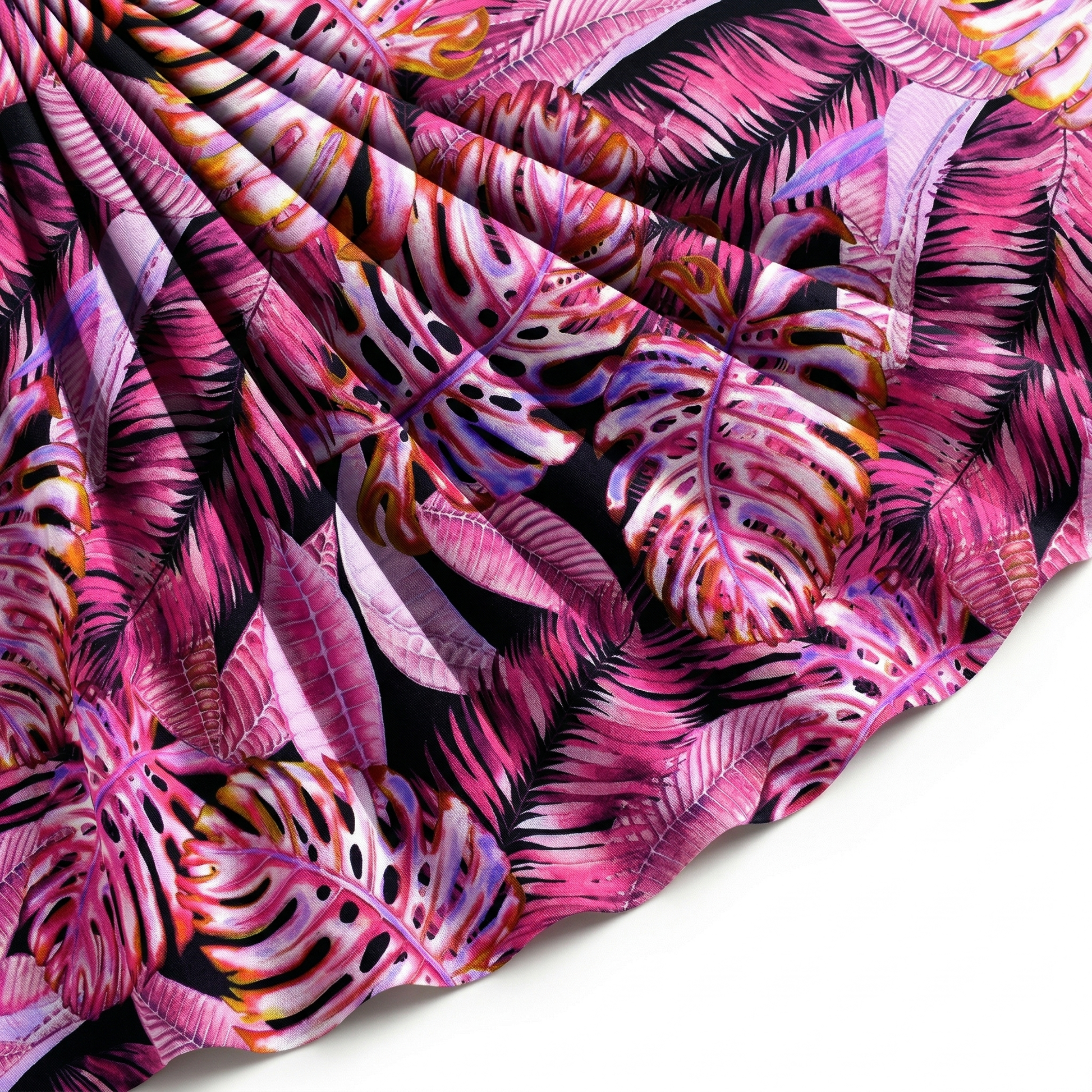 Tissu Gabardine de Viscose Imprimé Fond Noir Palm Fuchsia