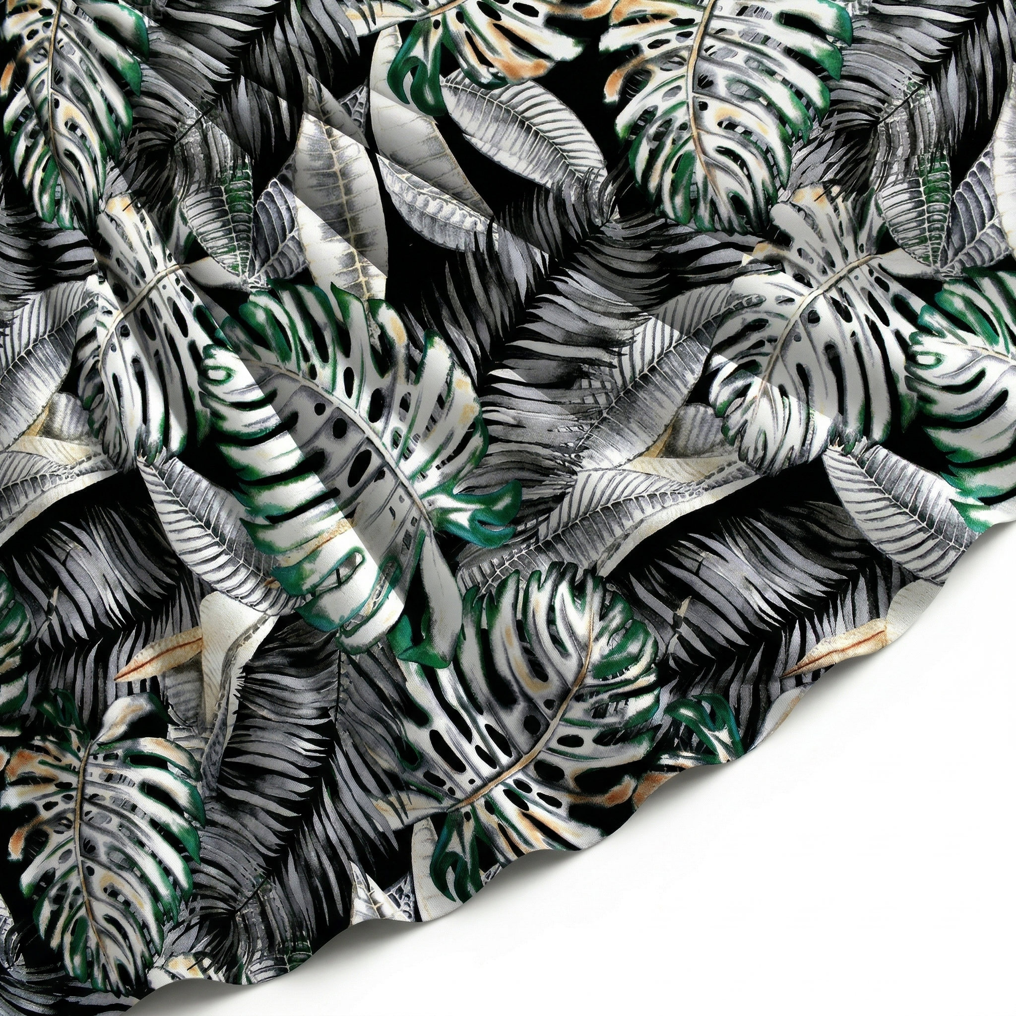 Tissu Gabardine de Viscose Imprimé Fond Noir Palm Gris