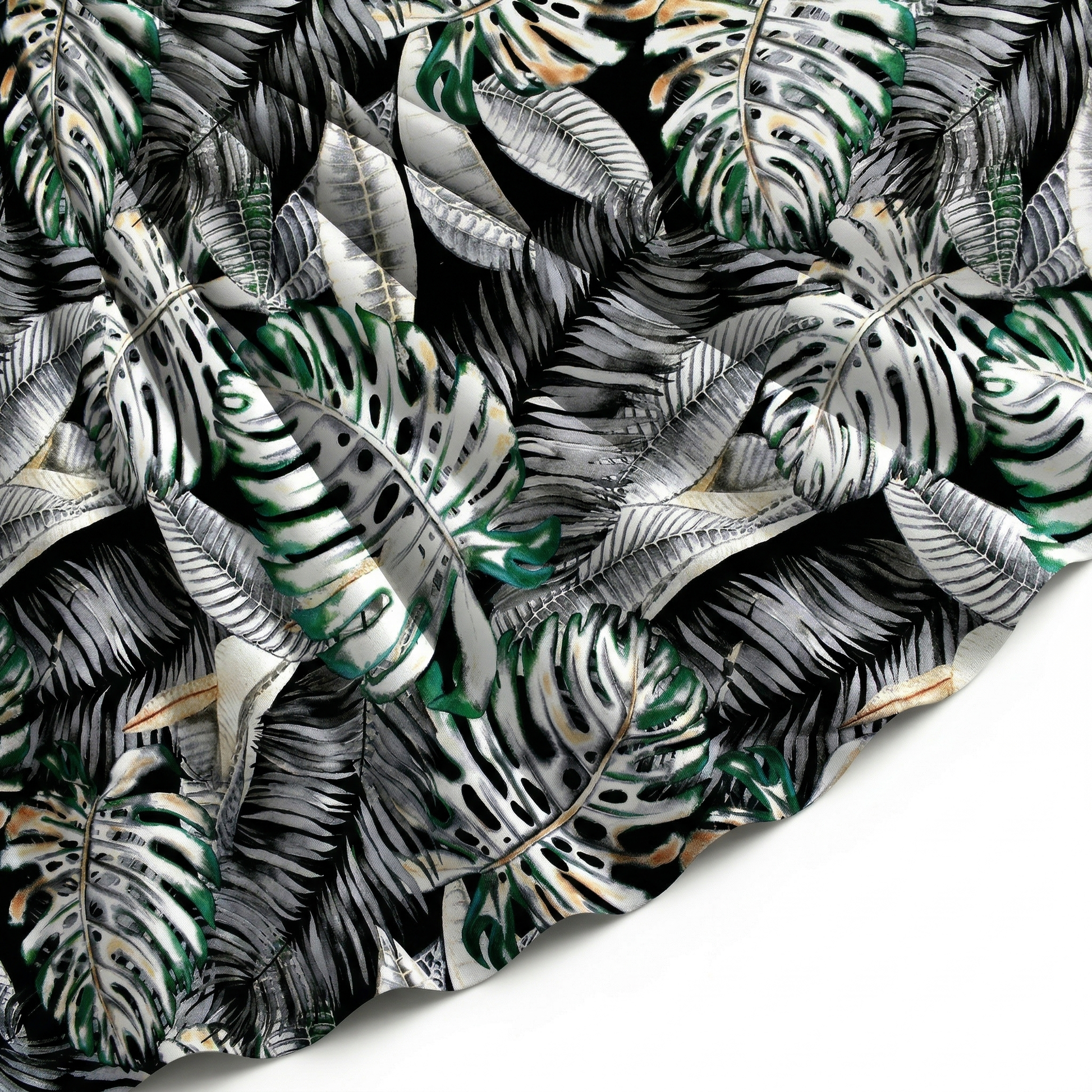 Tissu Gabardine de Viscose Imprimé Fond Noir Palm Gris