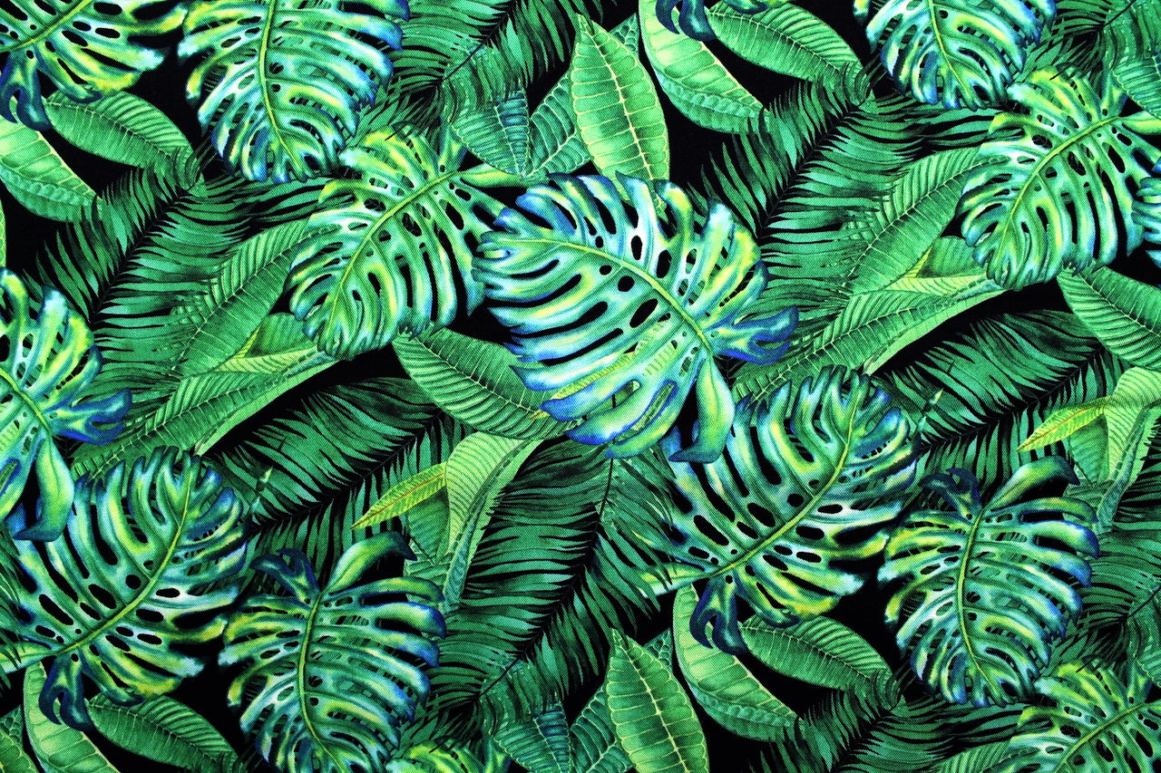 Tissu Gabardine de Viscose Imprimé Fond Noir Palm Vert