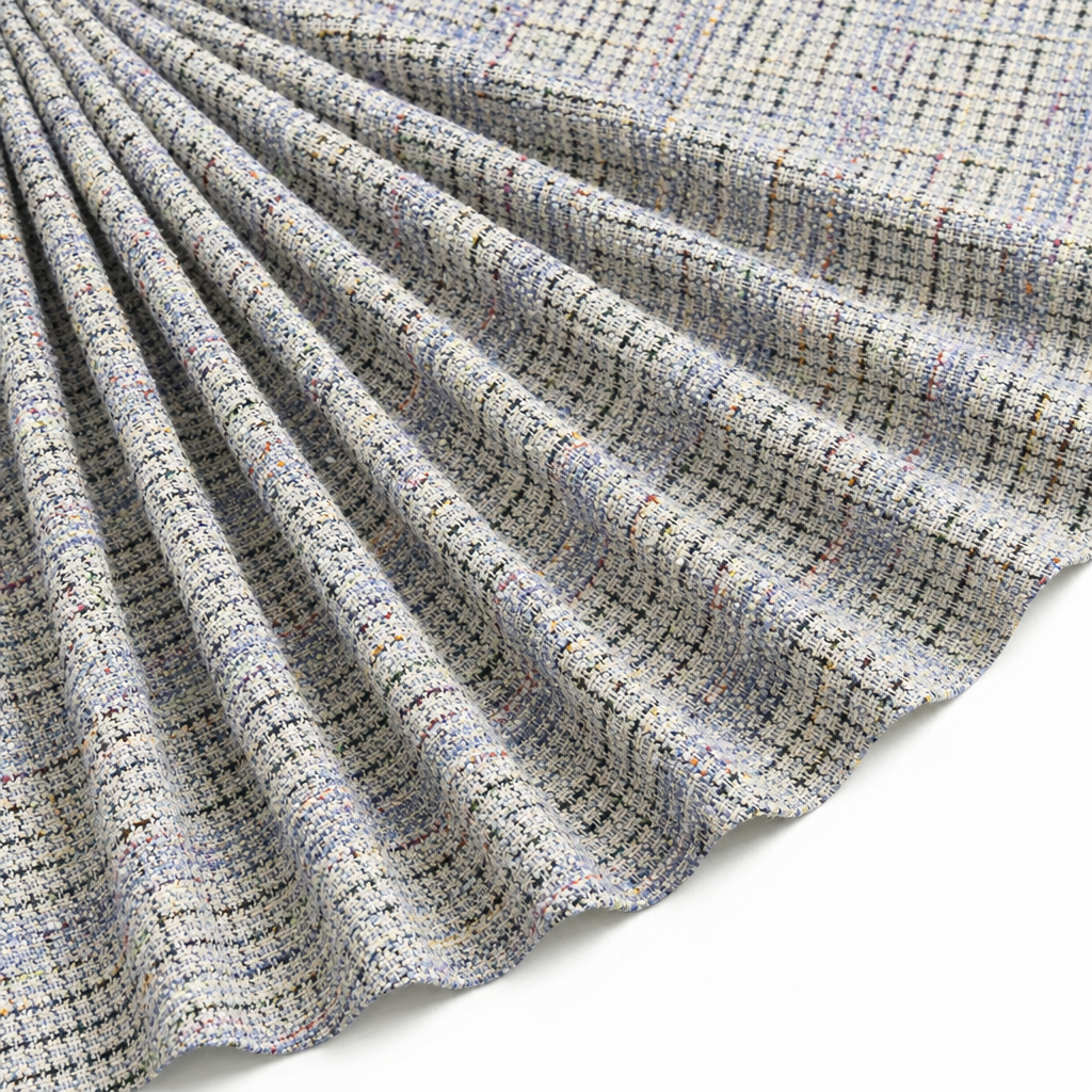 Tissu Maille Jacquard Effet Tweed Lurex Bleu