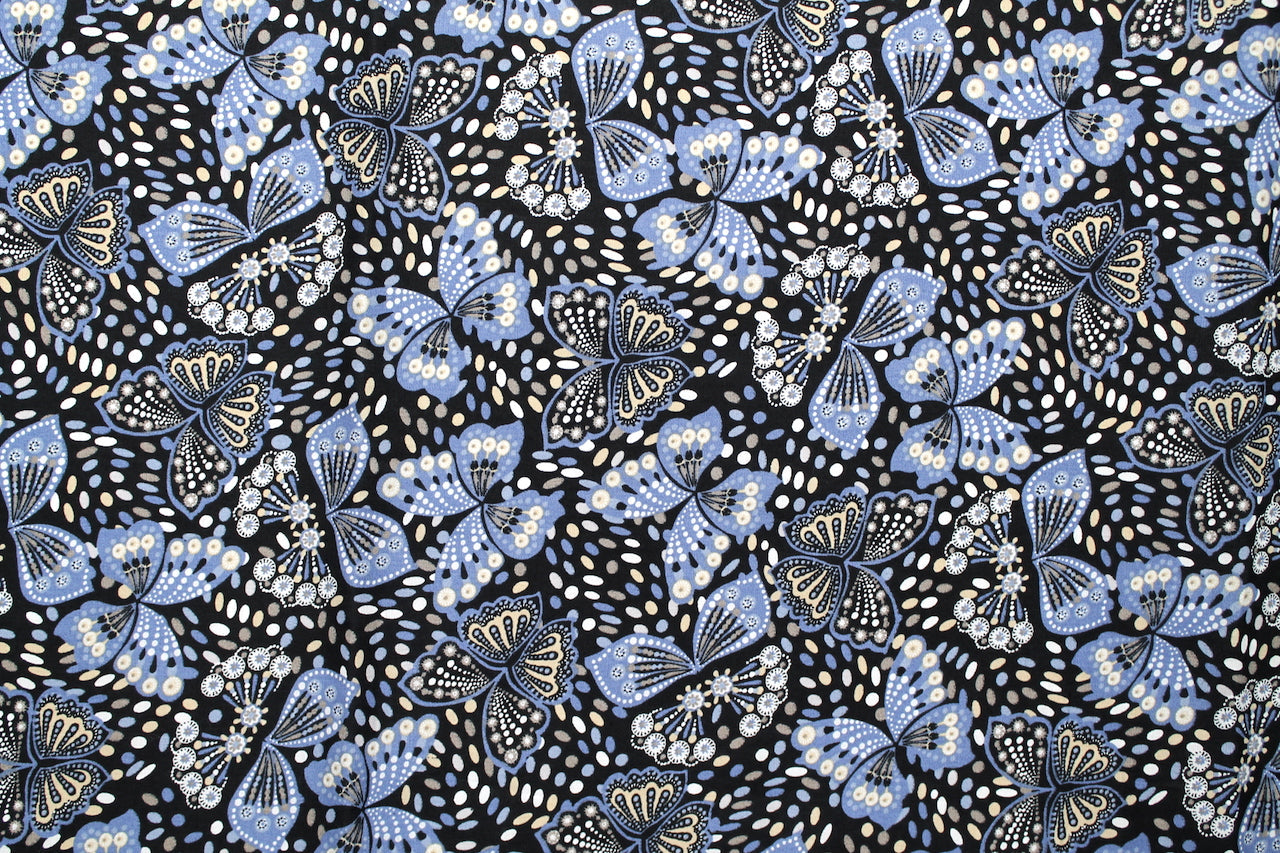 Tissu Popeline de Coton Imprimé Papillon Bleu