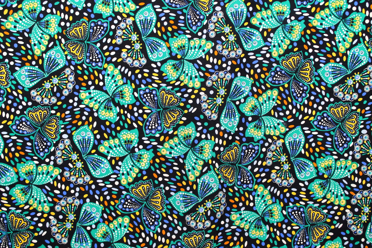 Tissu Popeline de Coton Imprimé Papillon Turquoise