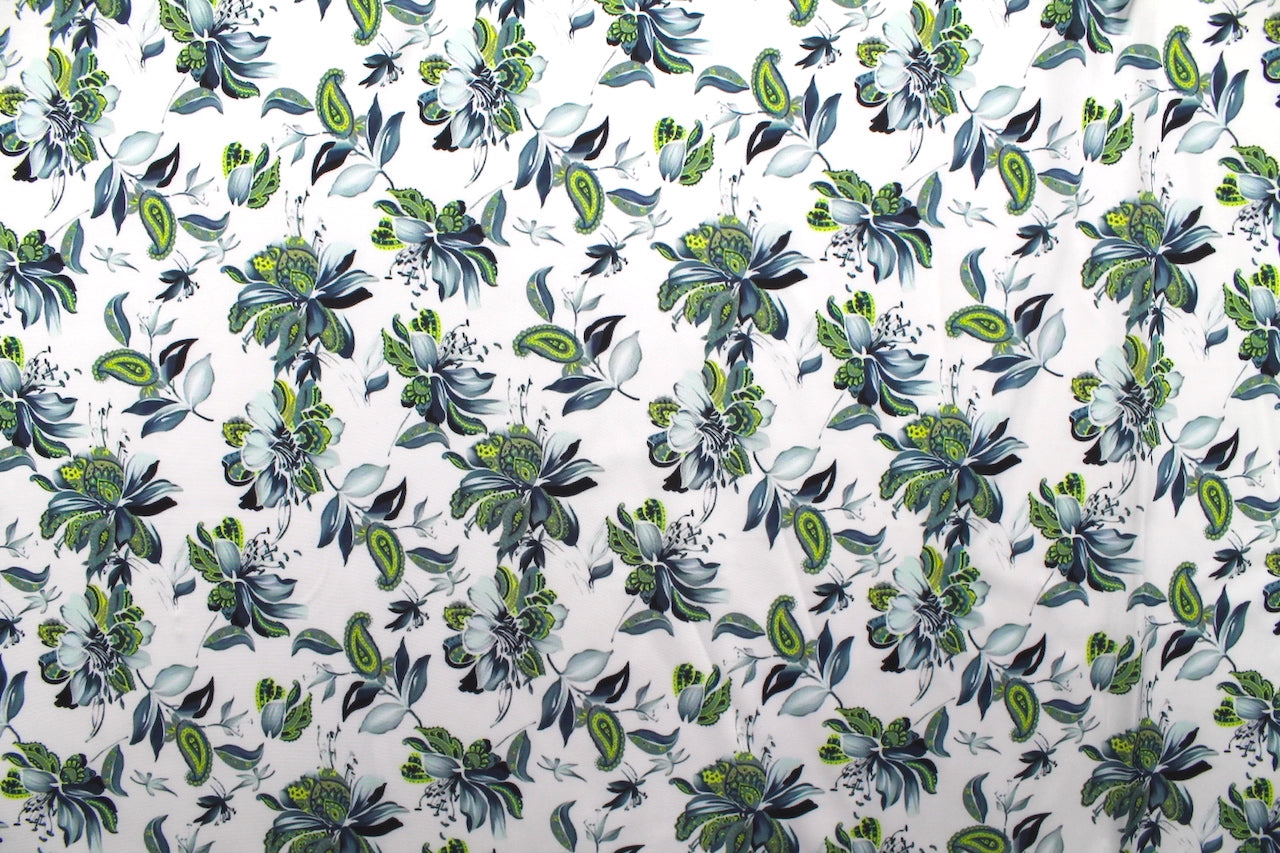 Tissu Satin Touché Soie imprimé Fleur Cachemire Blanc