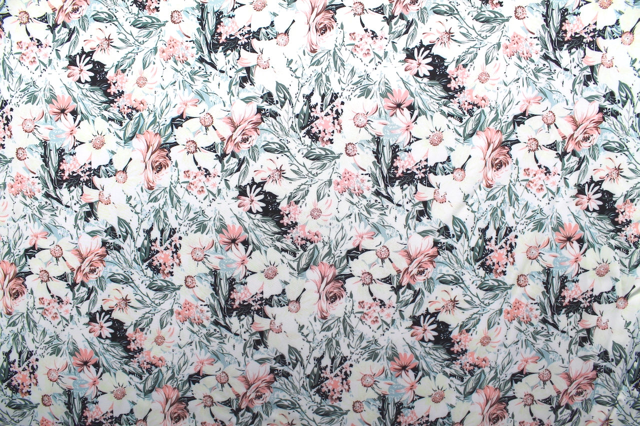 Tissu Satin Touché Soie imprimé Fleur Juliette Blanc cassé