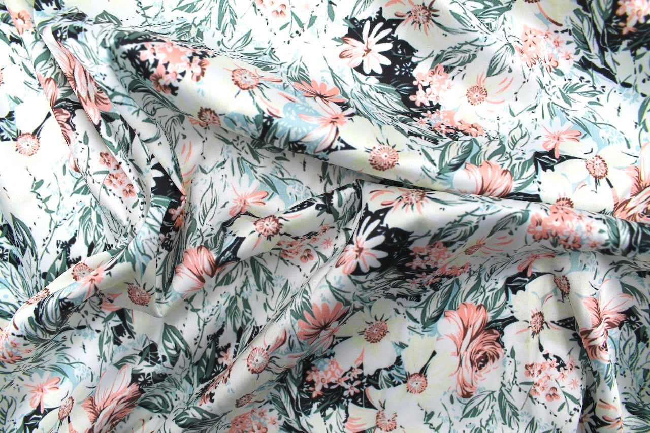 Tissu Satin Touché Soie imprimé Fleur Juliette Blanc cassé
