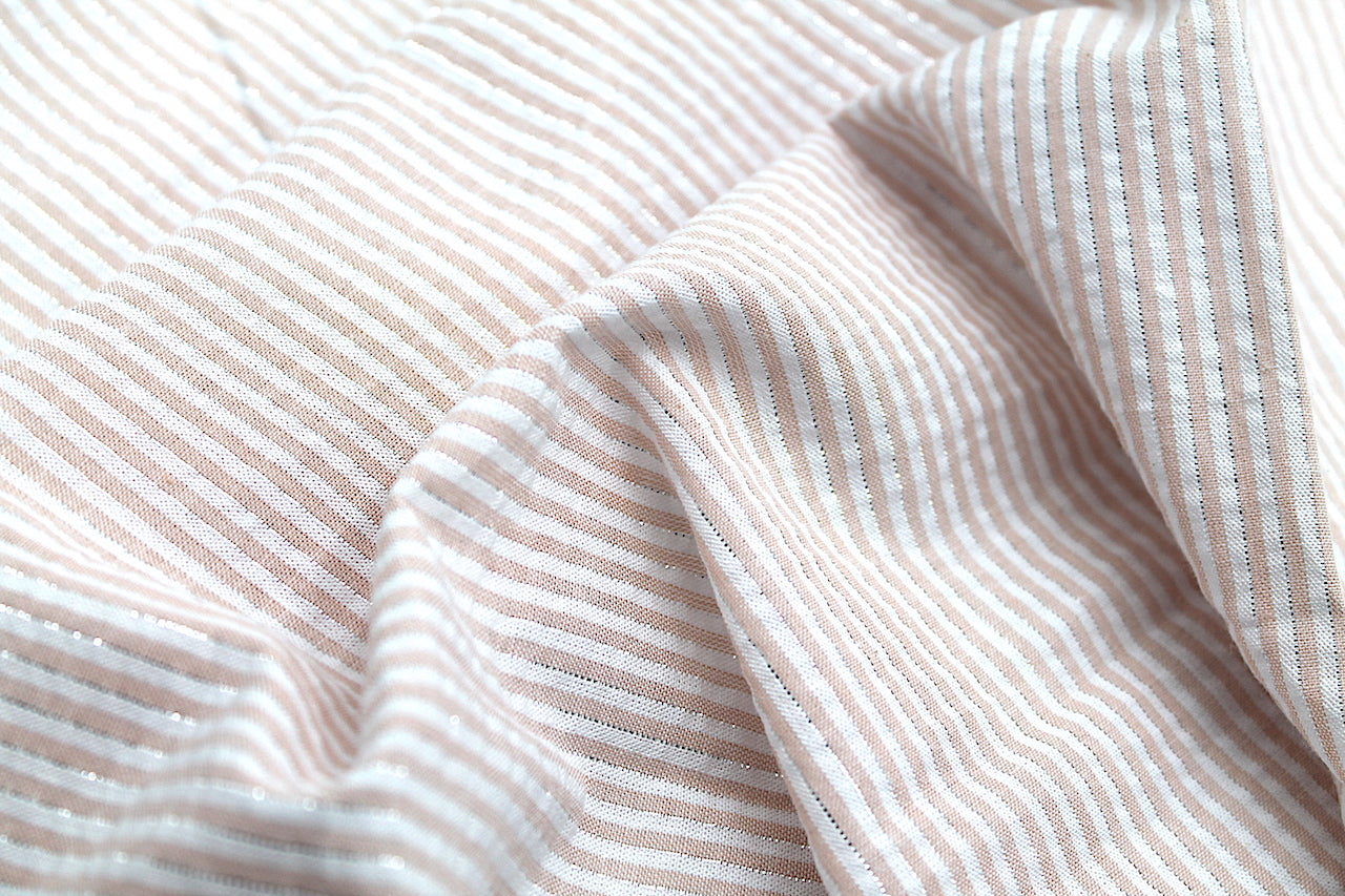 Tissu Seersucker Coton Rayé Lurex Rose