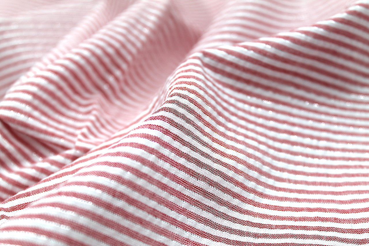Tissu Seersucker Coton Rayé Lurex Rouge