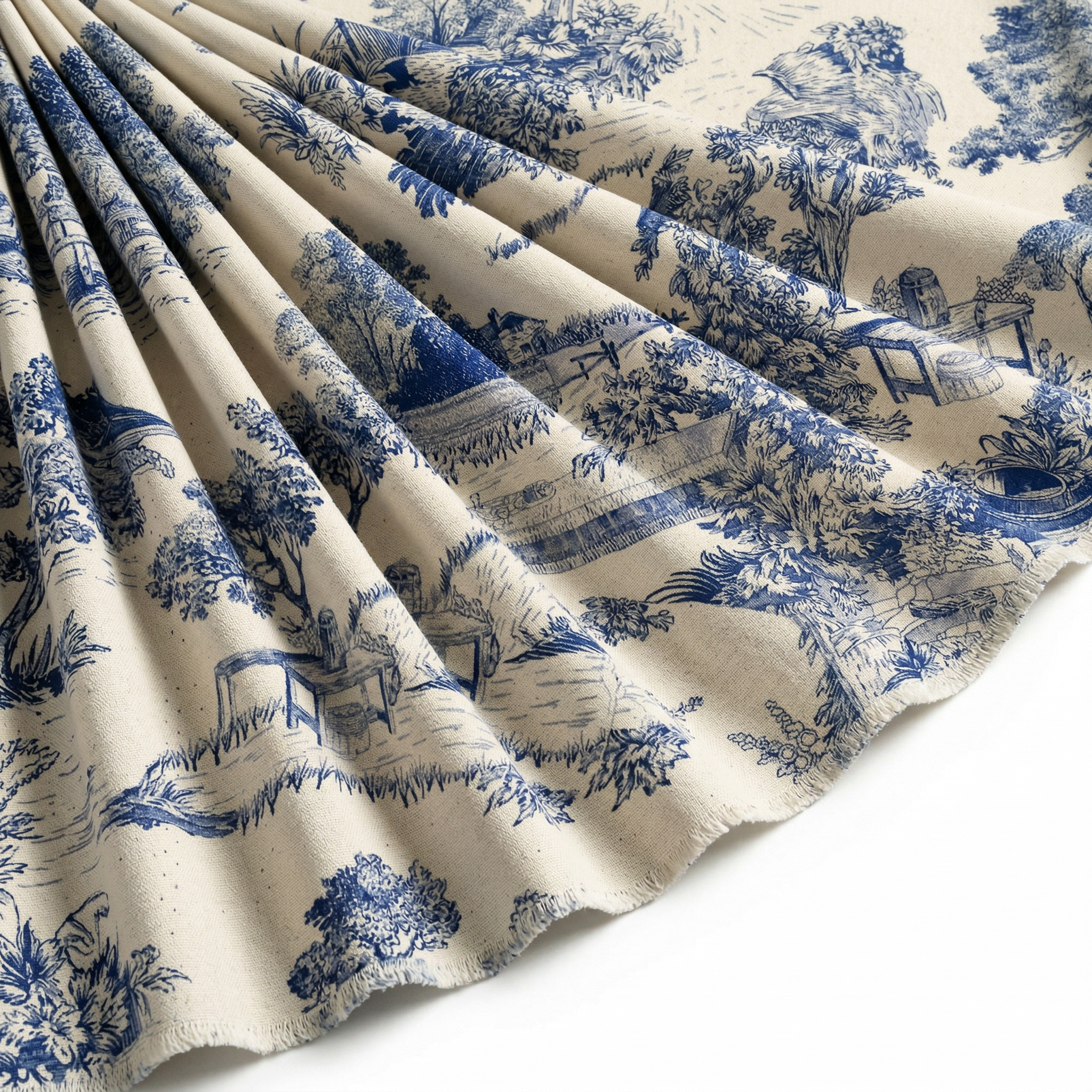 Tissu Toile de Jouy Coton Domaine Bleu