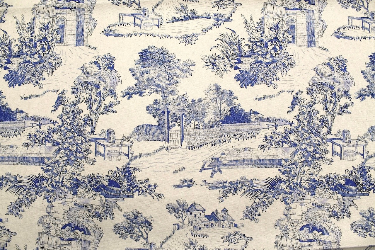 Tissu Toile de Jouy Coton Domaine Bleu