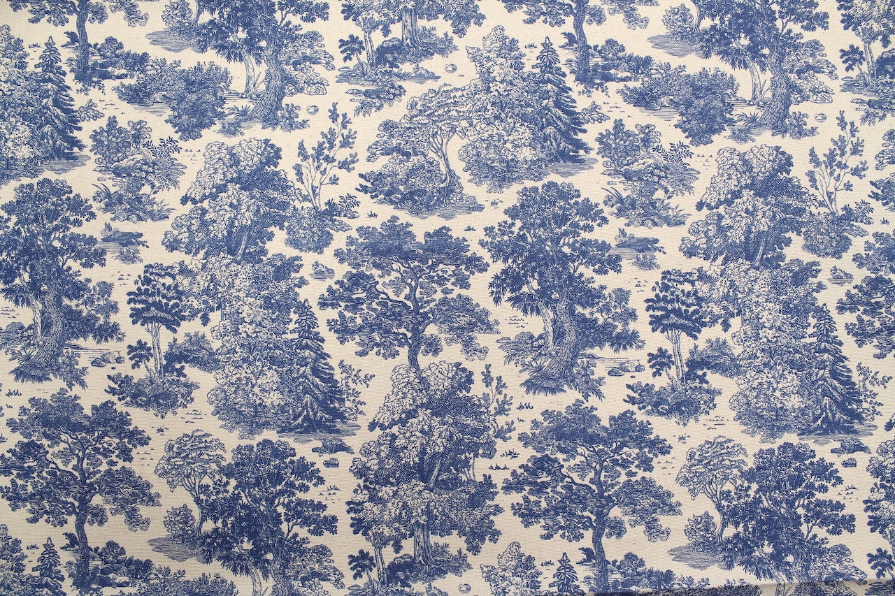 Tissu Toile de Jouy Coton Forêt Bleu