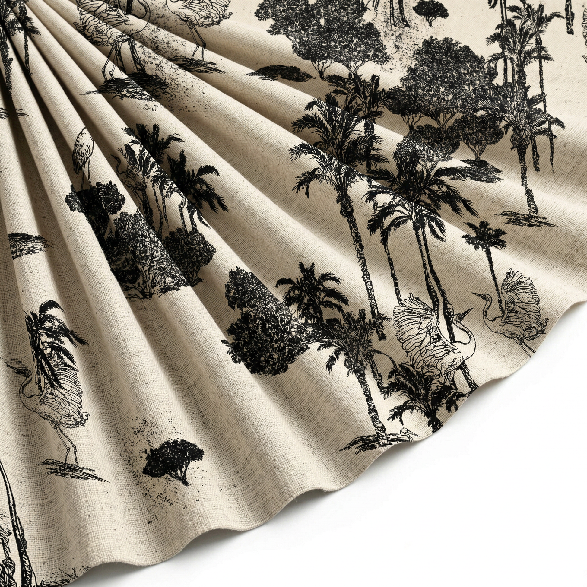 Tissu Toile de Jouy Coton Jungle Tropicale Noir