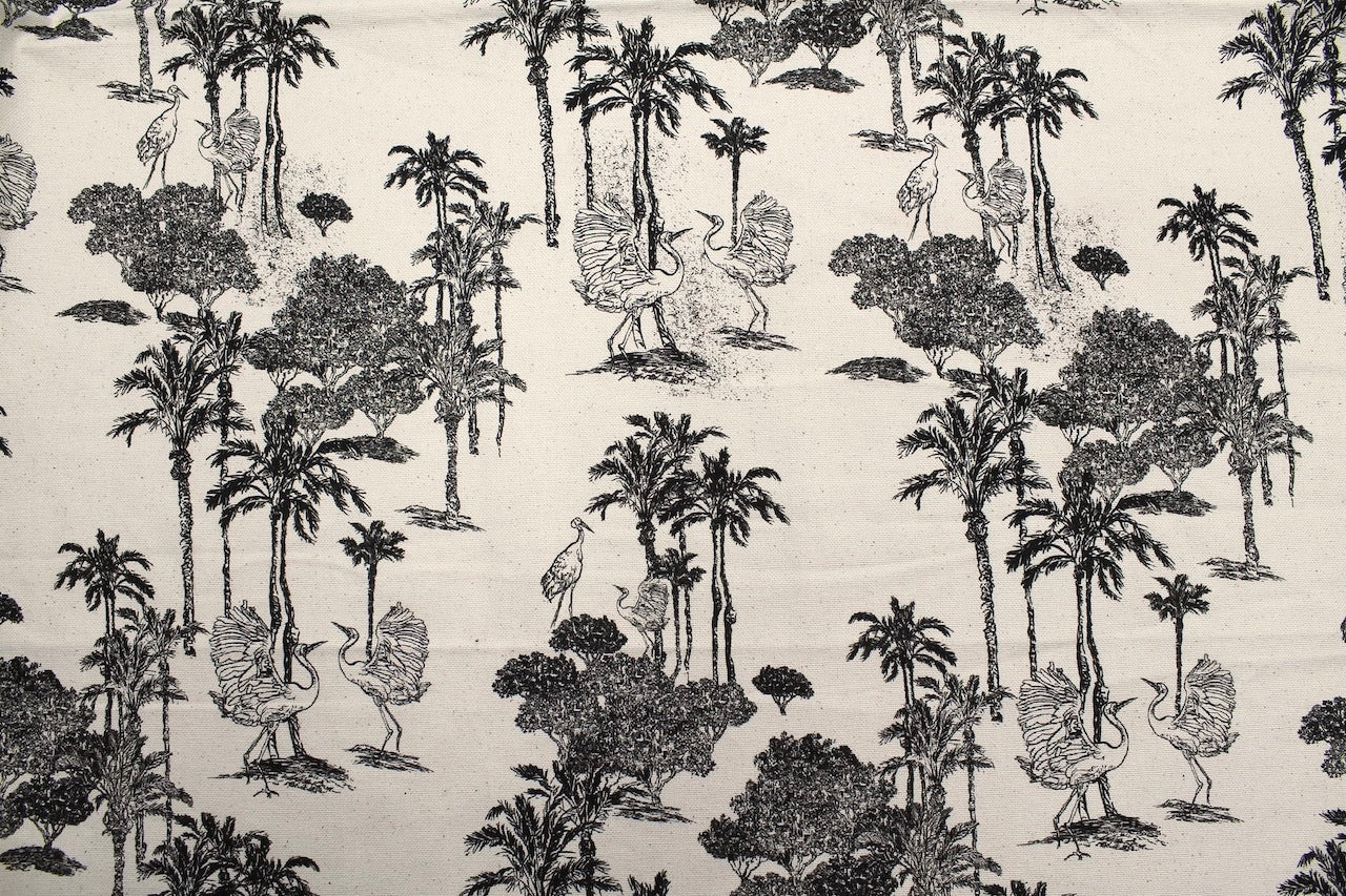 Tissu Toile de Jouy Coton Jungle Tropicale Noir