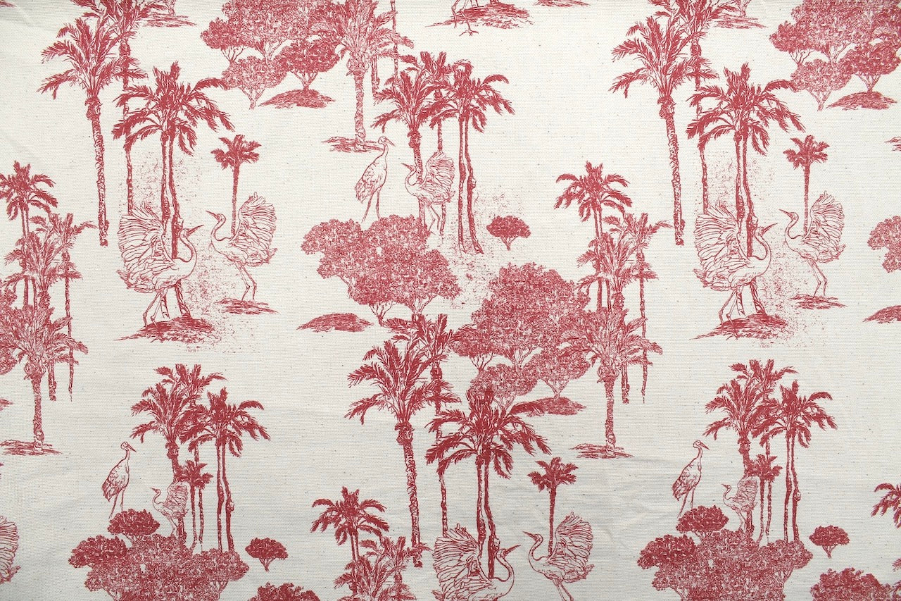 Tissu Toile de Jouy Coton Jungle Tropicale Rouge