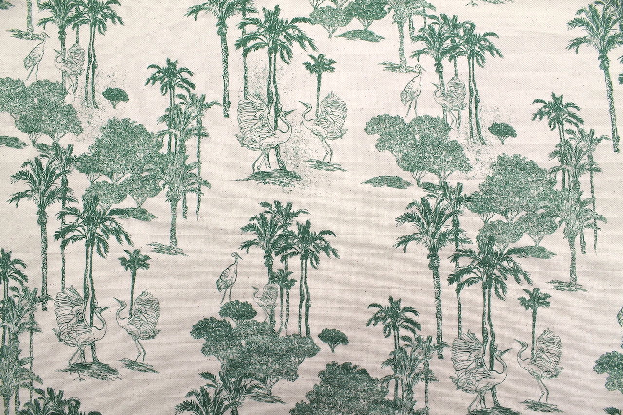Tissu Toile de Jouy Coton Jungle Tropicale Vert