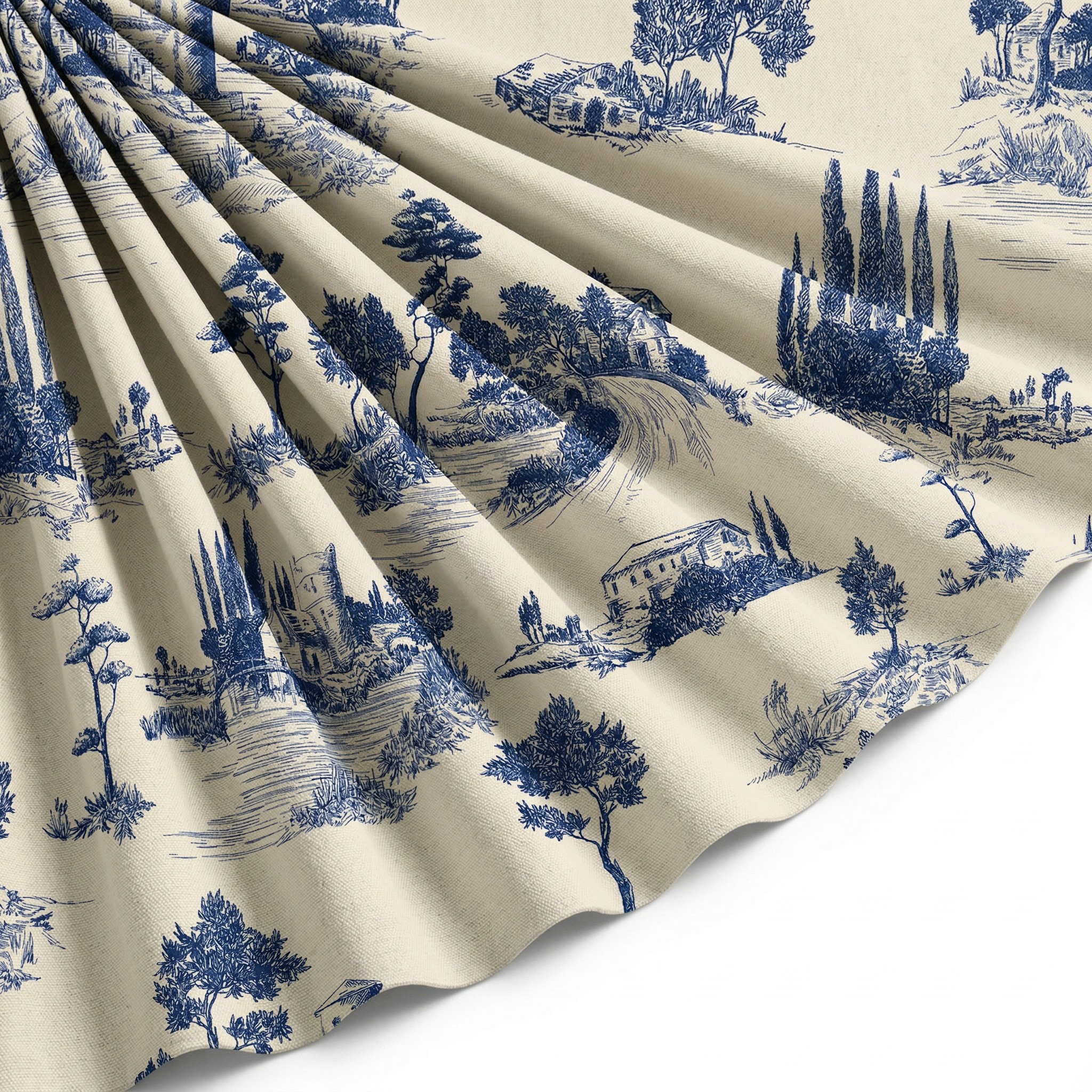 Tissu Toile de Jouy Coton Paysage Pastoral Bleu