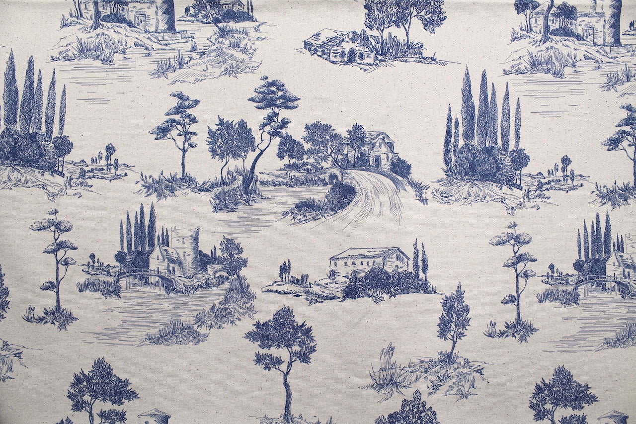 Tissu Toile de Jouy Coton Paysage Pastoral Bleu