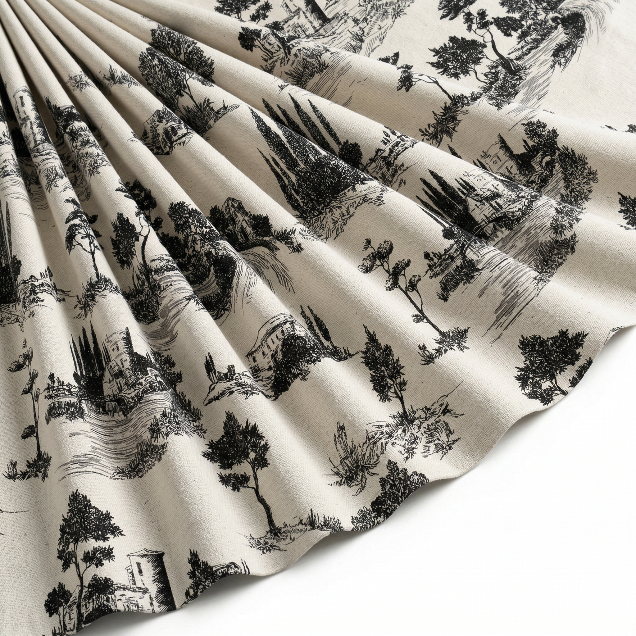 Tissu Toile de Jouy Coton Paysage Pastoral Noir