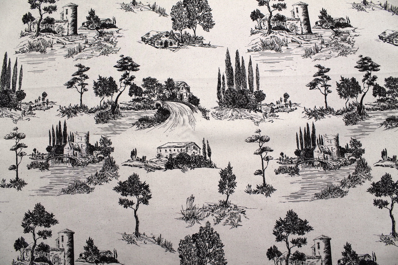 Tissu Toile de Jouy Coton Paysage Pastoral Noir